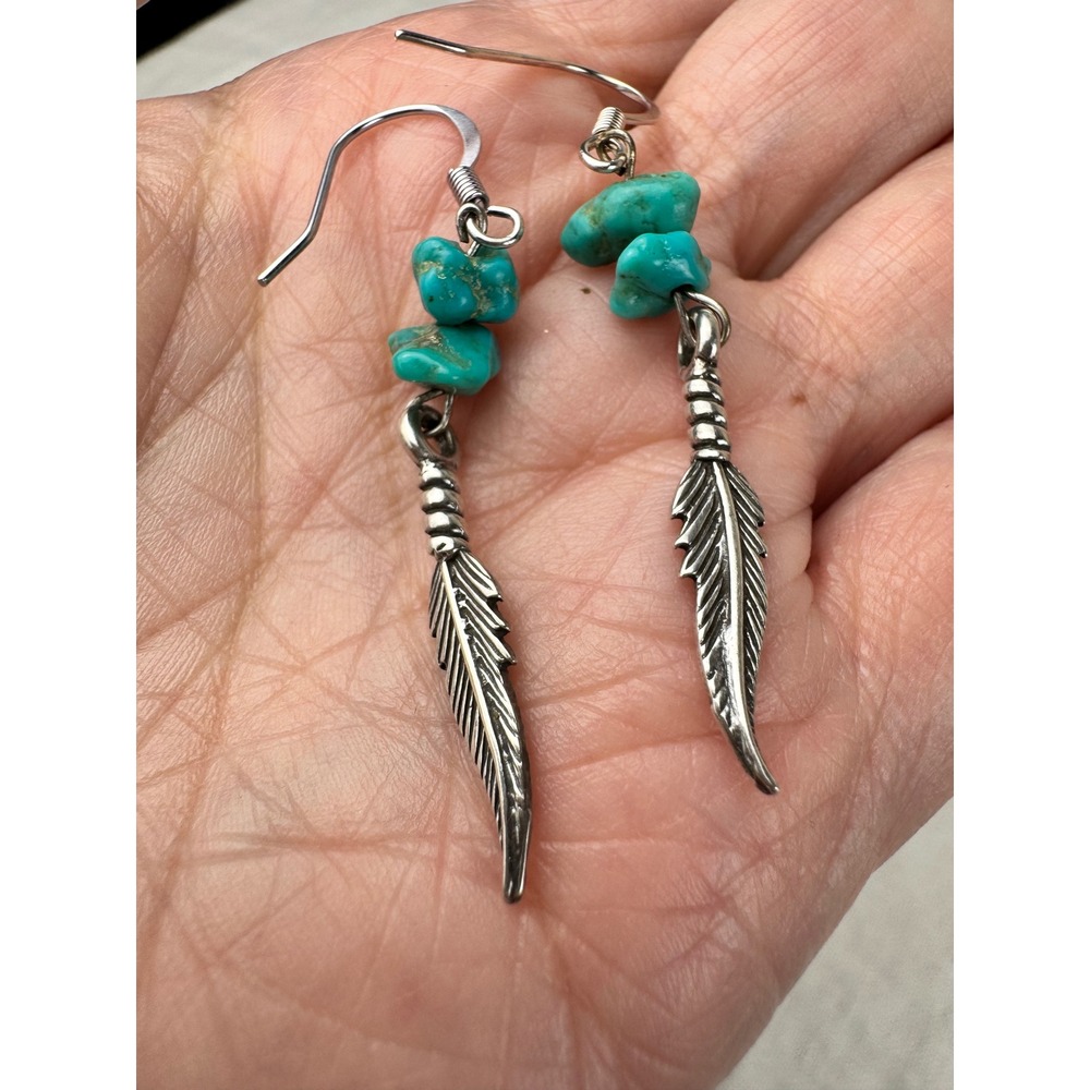 Vintage Sterling Silver Natural Turquoise Feather Drop Earrings Southwestern